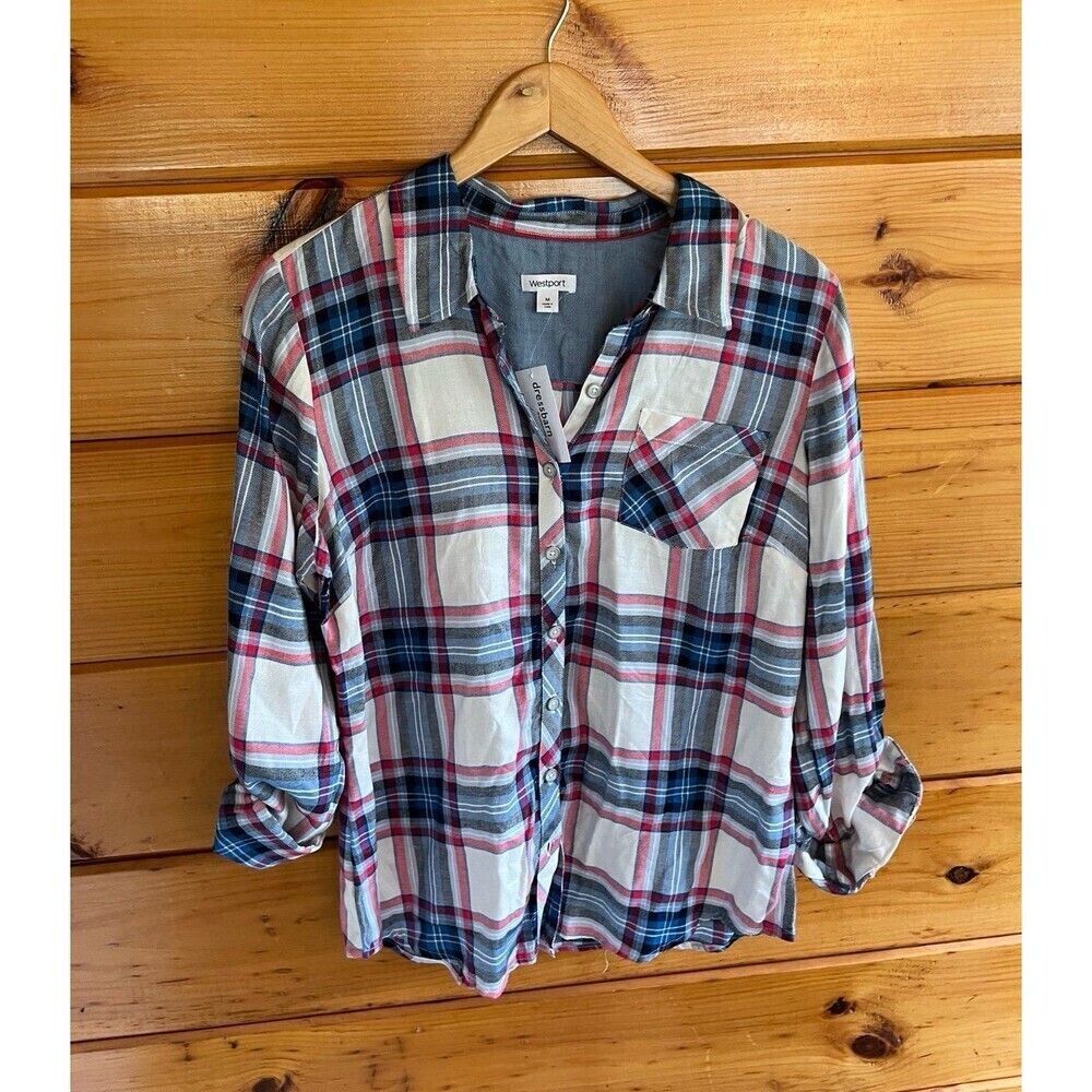 Westport Blue Plaid Button Down Shirt, Roll Tab Sleeves M